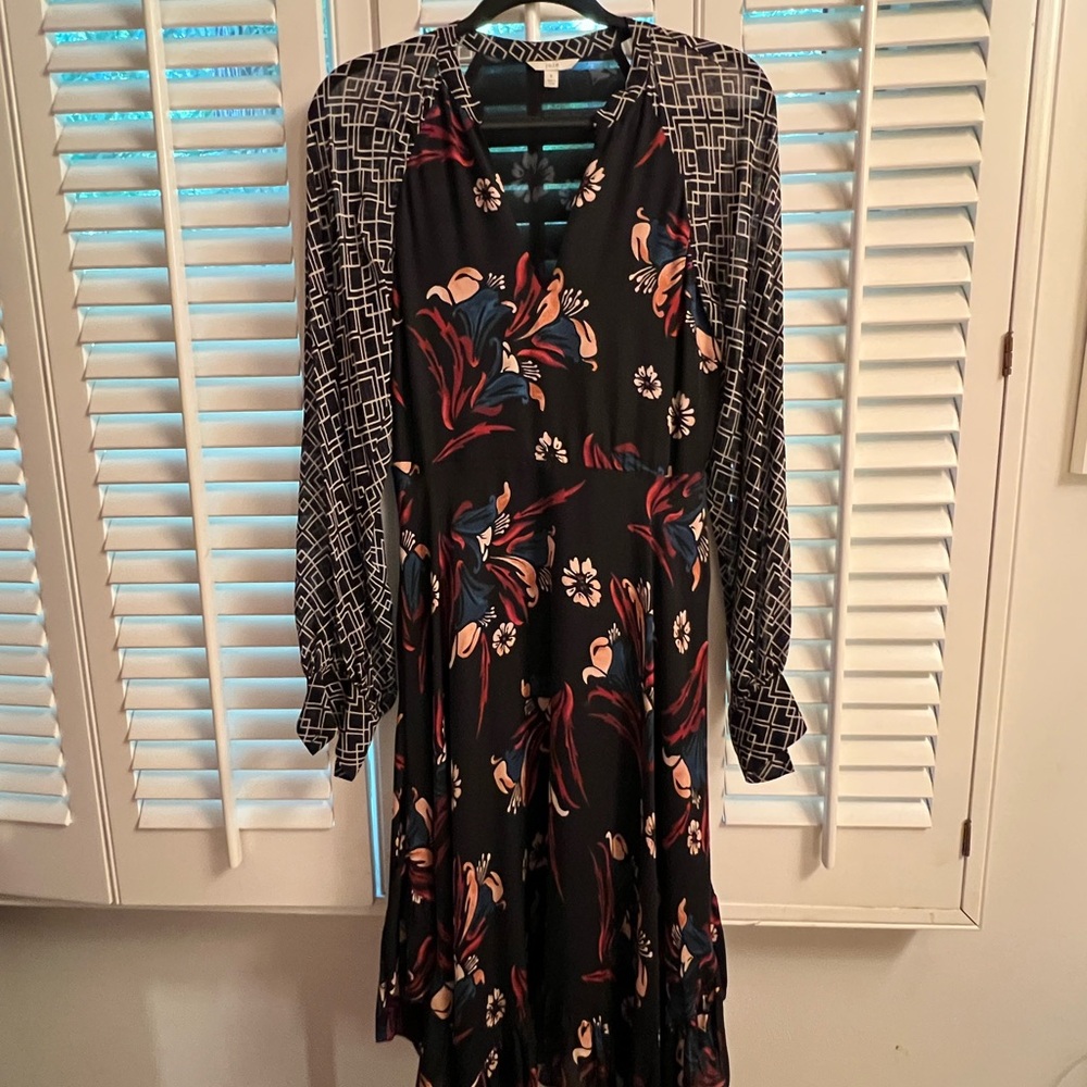 Joie Burgundy and Black Silk Long Sleeve Dress